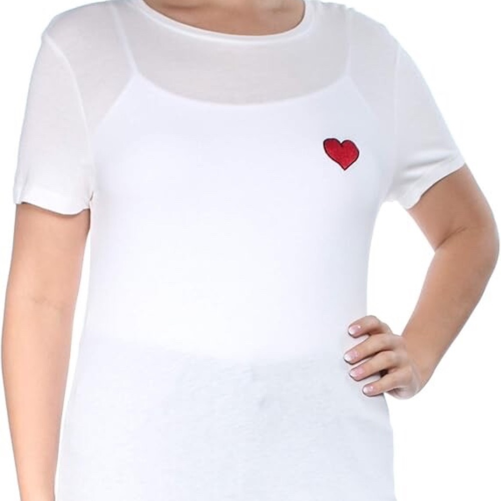 (NWT) Carbon Copy Women's Cotton Heart Embroidered T-Shirt (White, L)